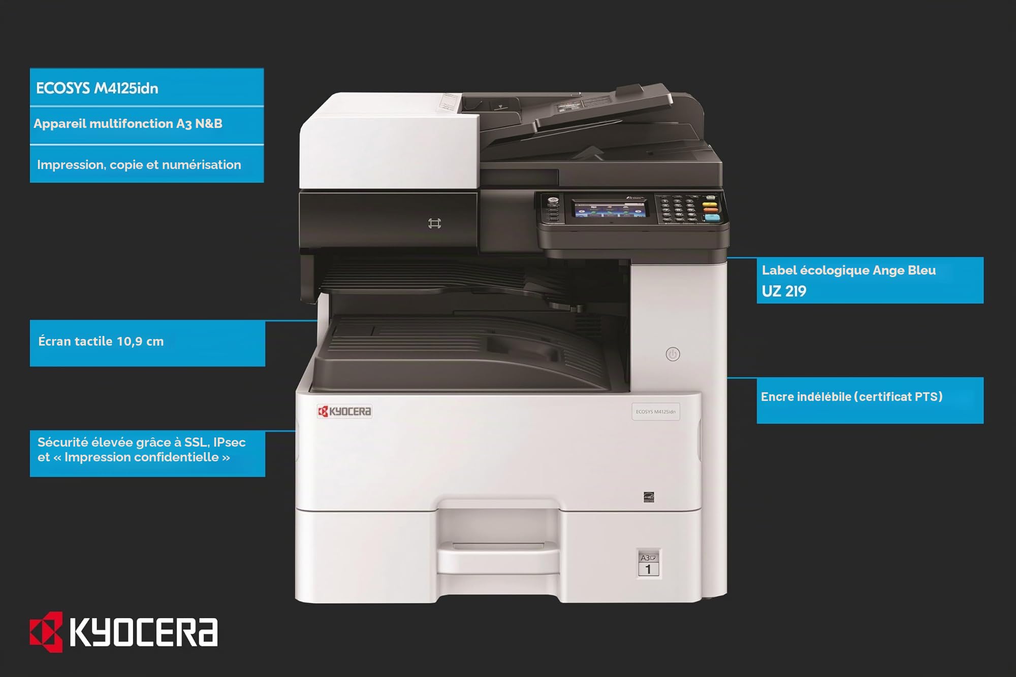 Imprimante laser multifonction monochrome Kyocera Ecosys M4125idn. Noir/blanc, 1200 dpi, 25/12 pages/minutes, A4/A3, compacte