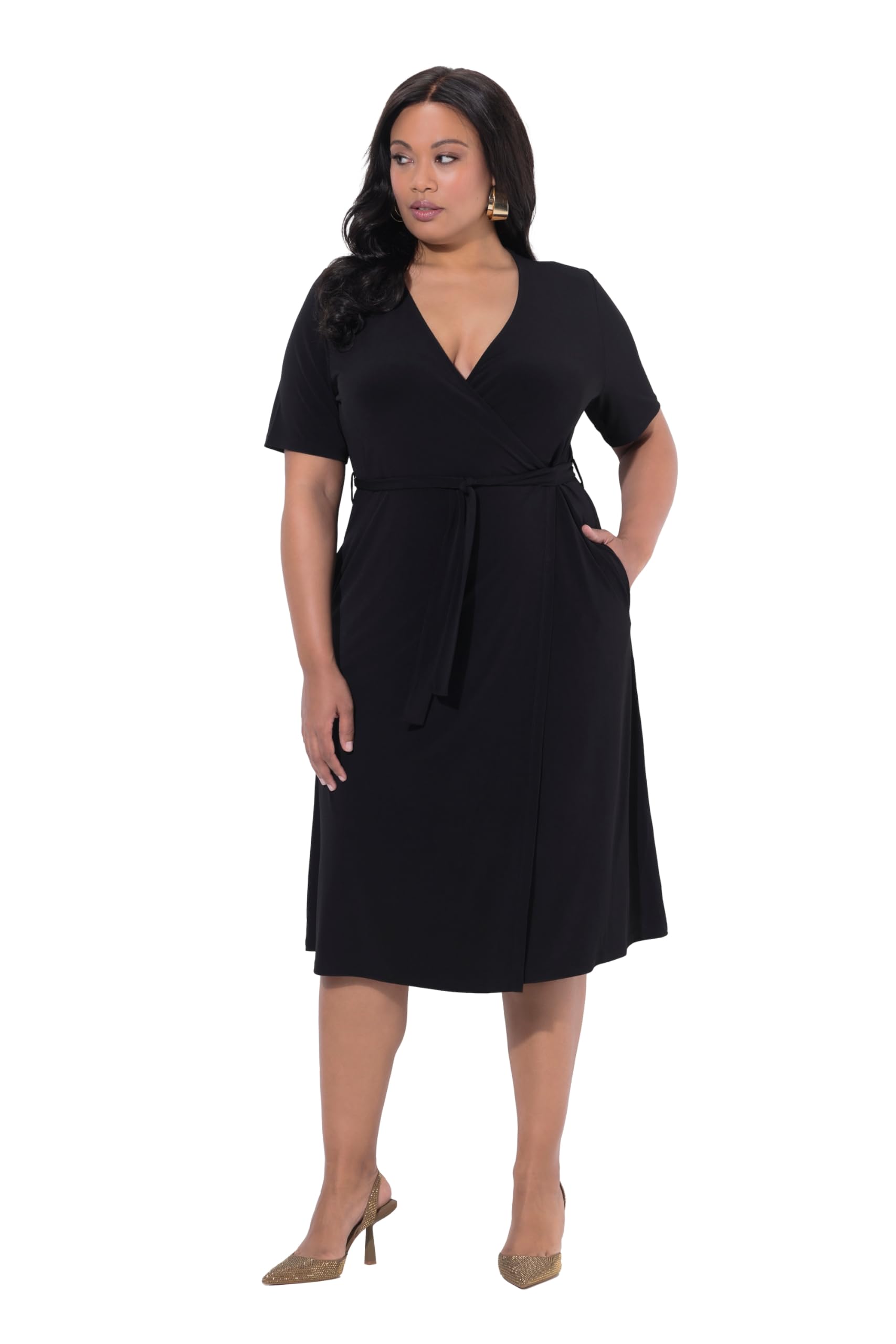 Ulla Popken Damen große Größen Übergrößen Plus Size Midi-Wickelkleid, A-Linie, V-Ausschnitt, Halbarm 847680