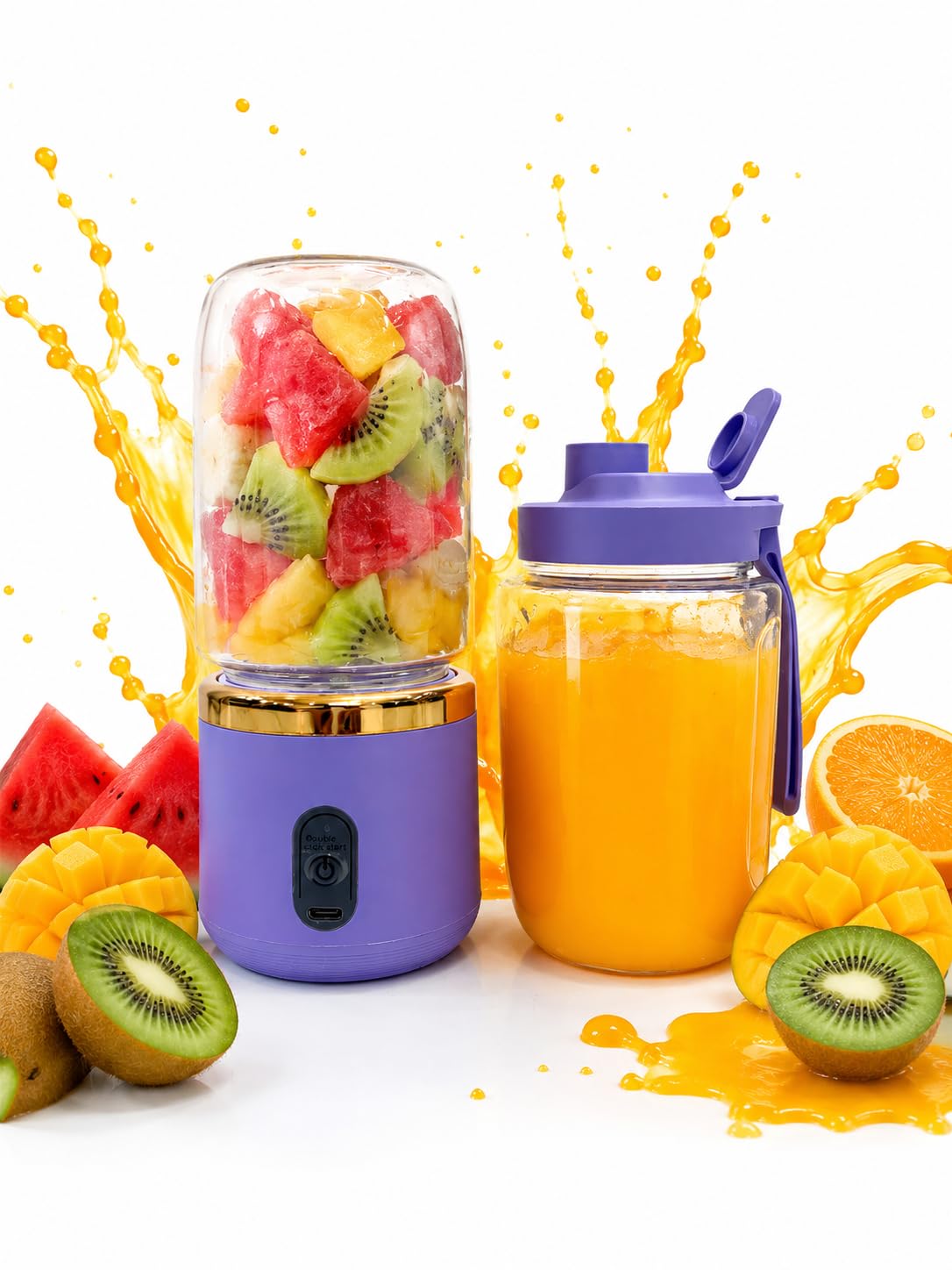 Portable USB Rechargeable Blender with Dual 400 ml Jars, Purple | Single-Button Operation, Cordless & Compact, Travel Bottle Included, Smoothies & Juices, USB Rechargeable-image-48