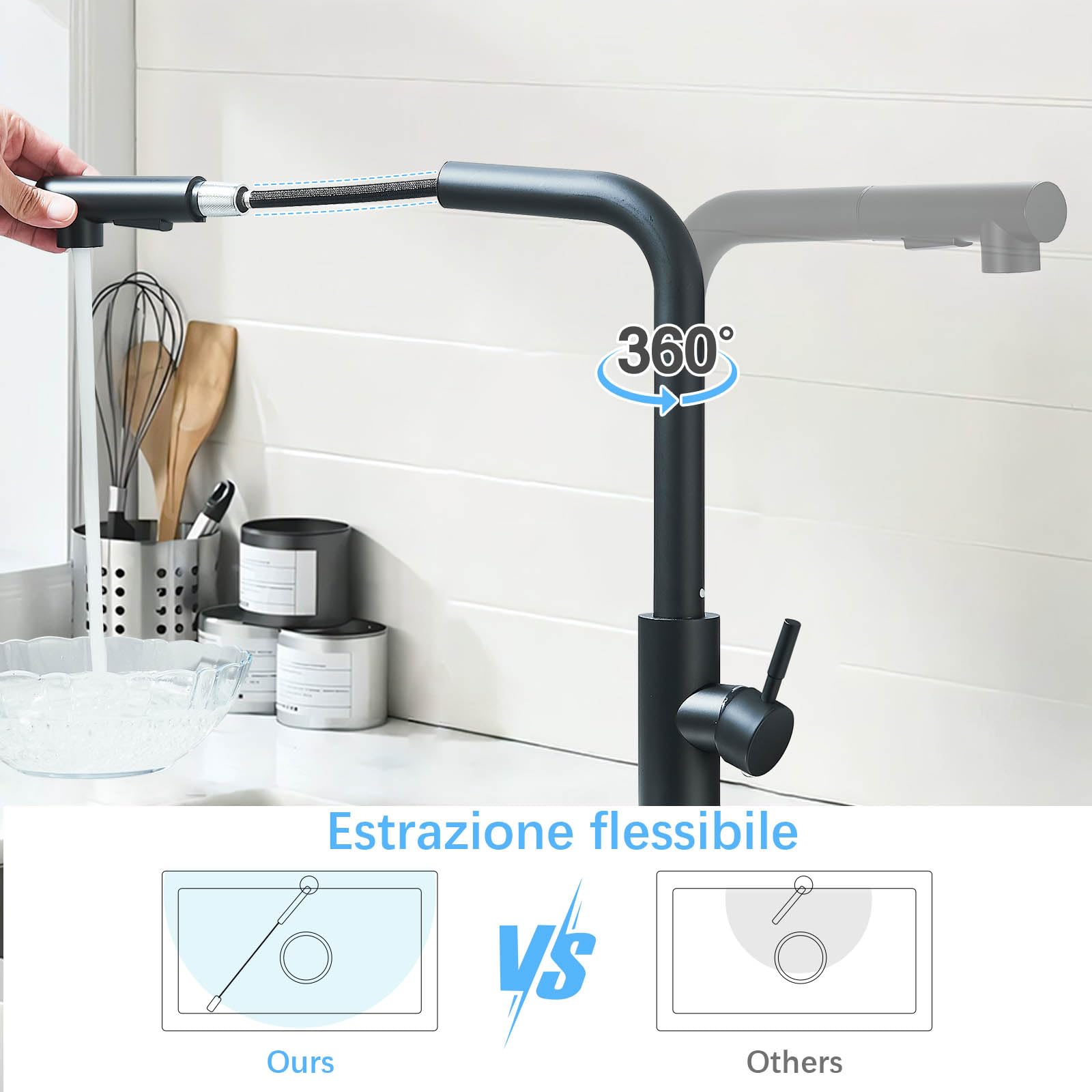 Robinet Cuisine Noir 2 Modes de Réglage avec Douche Extractible | JUNSHENG Robinet Cuisine Noir 2 Modes de Réglage avec Douche Extractible Mitigeur de Cuisine Pivotant à 360 Degrés