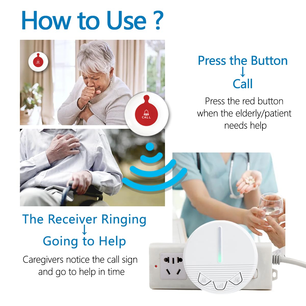 Wireless Caregiver Pager Call Button Personal Alert Pager Smart Nurse Call System für Home/Patients/Elderly/ Seniors (C)