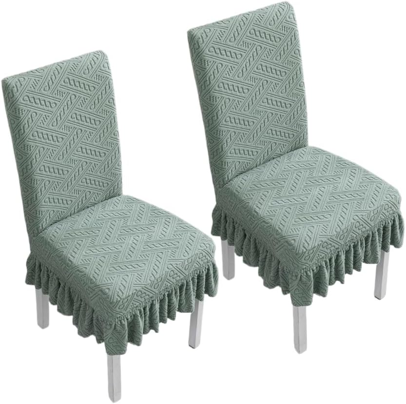 Stretch Parson Jacquard Seat Covers, Dining Room Chair Cover Set of 2, Integrated Dining Chair Cover, Kitchen Chair Covers Slipcover Protector, Fitted Furniture Covers,Green 2