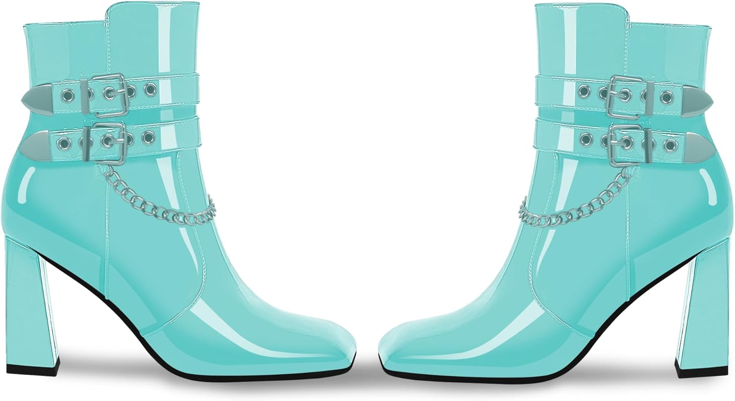 Women's Chain Goth Chunky High HeelBuckle Strap Ankle Boots Square Toe Booties