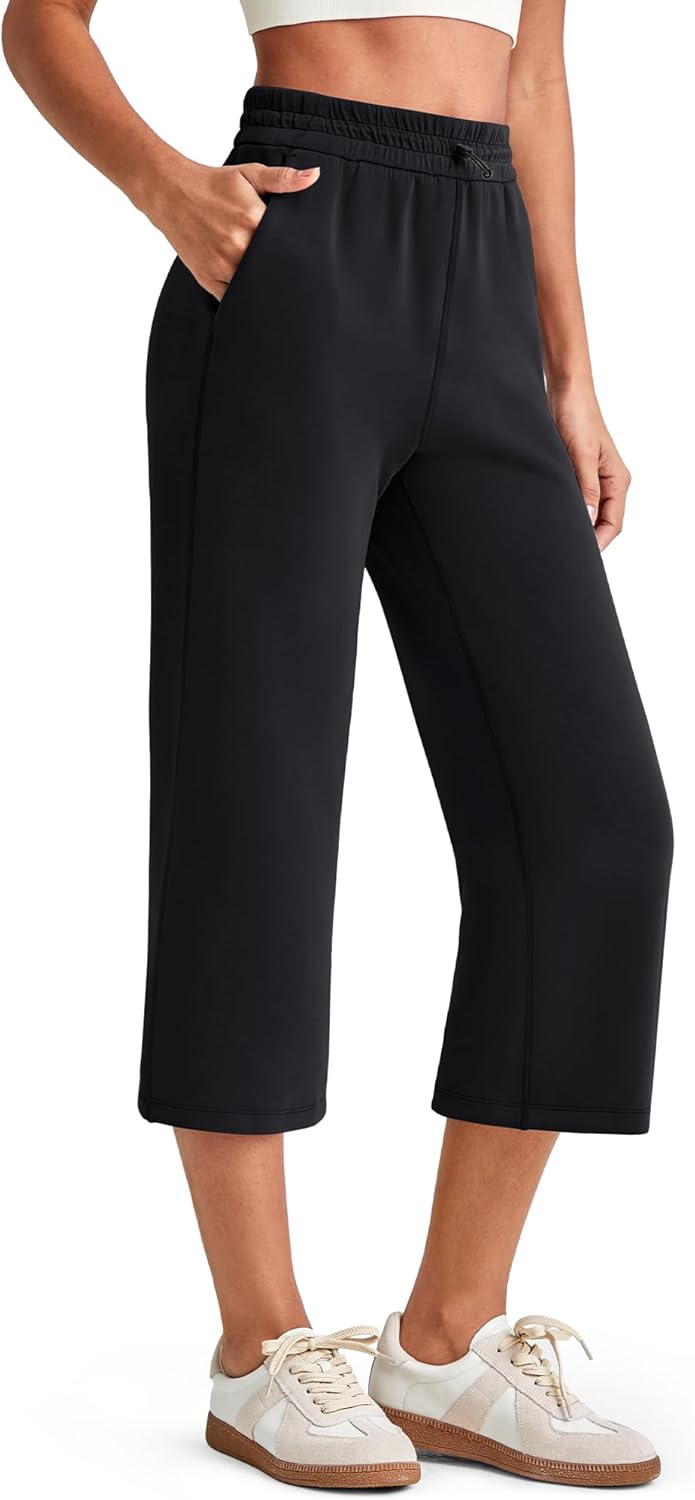 G4Free Smoofit Wide Leg Capri Pants for Women Adjustable Shockcord High Waist Summer Travel Casual Pants with Pockets