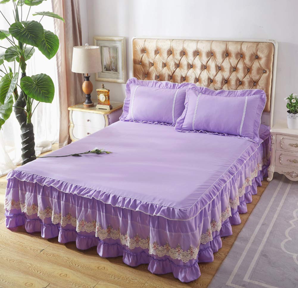 Cache-sommier drap-housse violet 200x220 cm avec multi-volant dentelle microfibre lavée