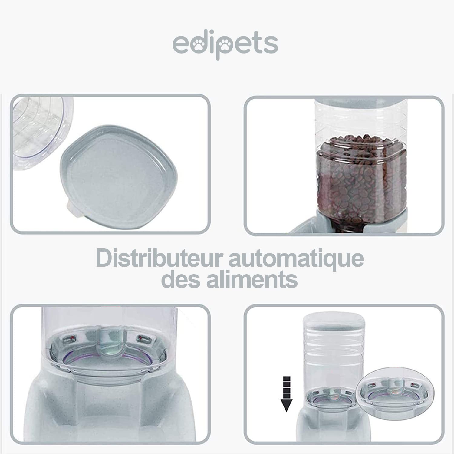Edipets, Distributeur Croquettes Chat, Chien, Automatique, 2 Unités, 3.8 L, Gamelle à Nourriture et à Eau pour Animaux de Compagnie (Gris)