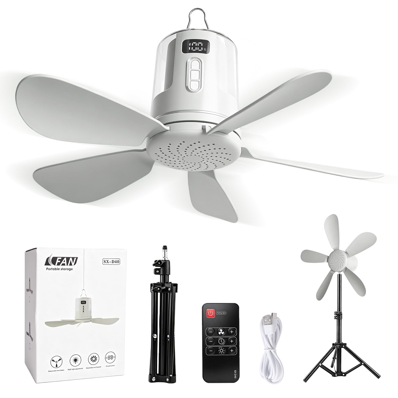 Portable Camping Fan with Light, 10800mAh Rechargeable Tent Fan, 4 Speeds & 12-Level Timer, Digital Display, Touch Stop, Warm/White/RGB Night Light, Hanging Desktop for Outdoor Tent Car Picnic Travel