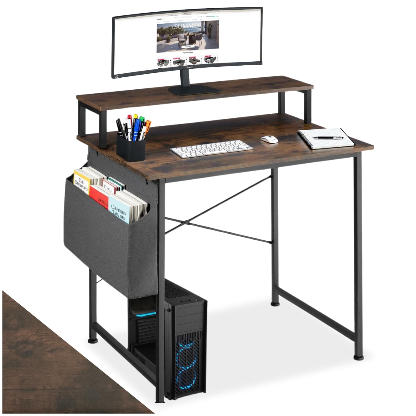 tectake® Scrivania 80x55x90cm con Ripiano rialzato per Monitor, Scrivania Gaming per Casa e Ufficio, Ideale Computer Portatile o Computer Fisso, Piedini Regolabili, Stile Industriale - Legno Scuro