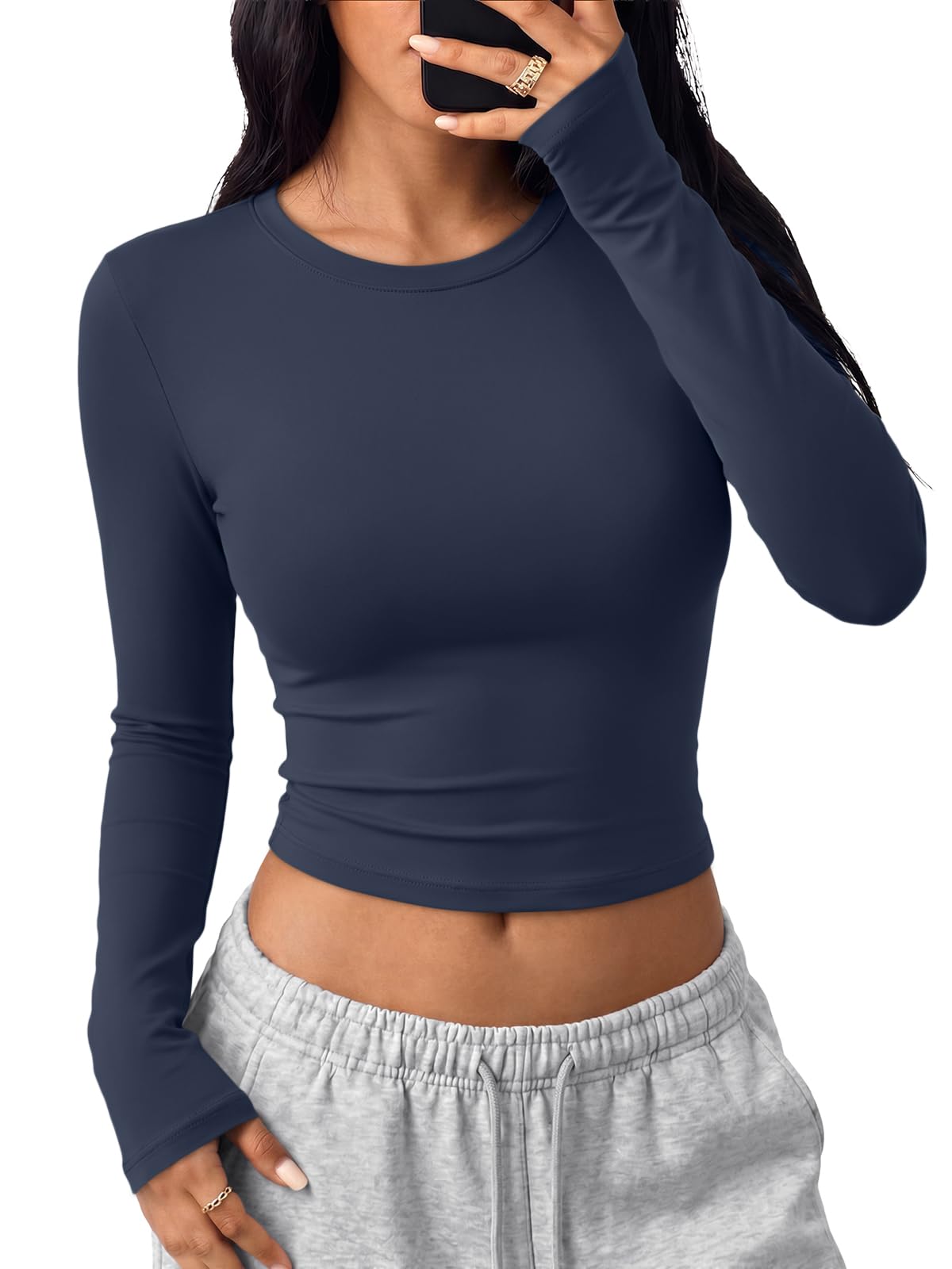 Womens Long Sleeve Crop Tops Y2K Basic Shirts