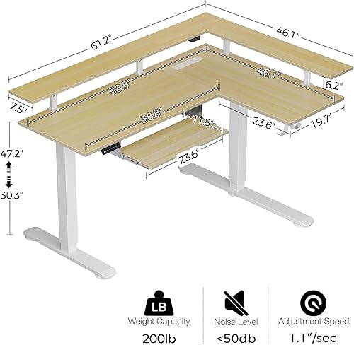 Miniatura 3 de Rolanstar L Shaped Standing Desk with Keyboard Tray, Height Adjustable Corner Desk with LED Light & Power Outlet, Electric Sit Stand Computer Desk