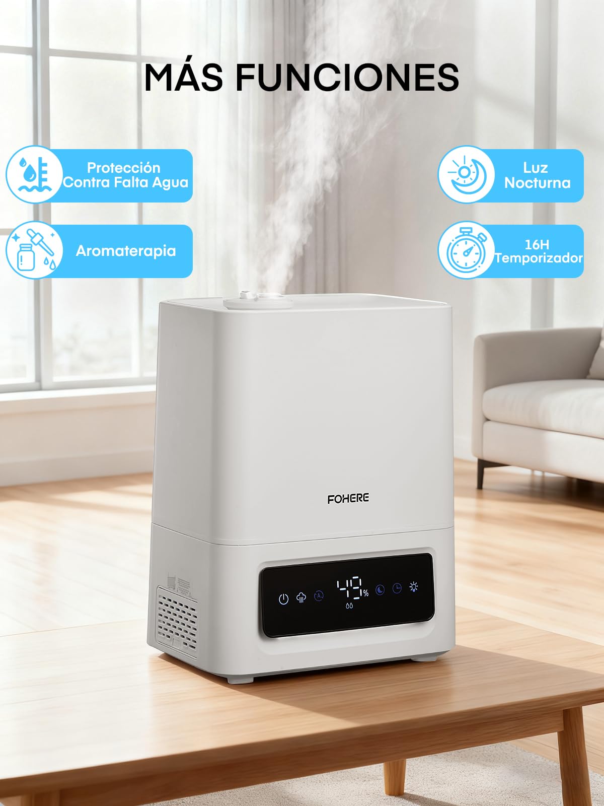 FOHERE Humidificador 6L, 60H Funcionamiento, 28dB Ultra Silencioso, para Habitaciones Grandes, Dormitorio, Bebé, Sensor Humedad, Temporizador 16H, Luz Nocturna, Difusor Aceites, Blanco