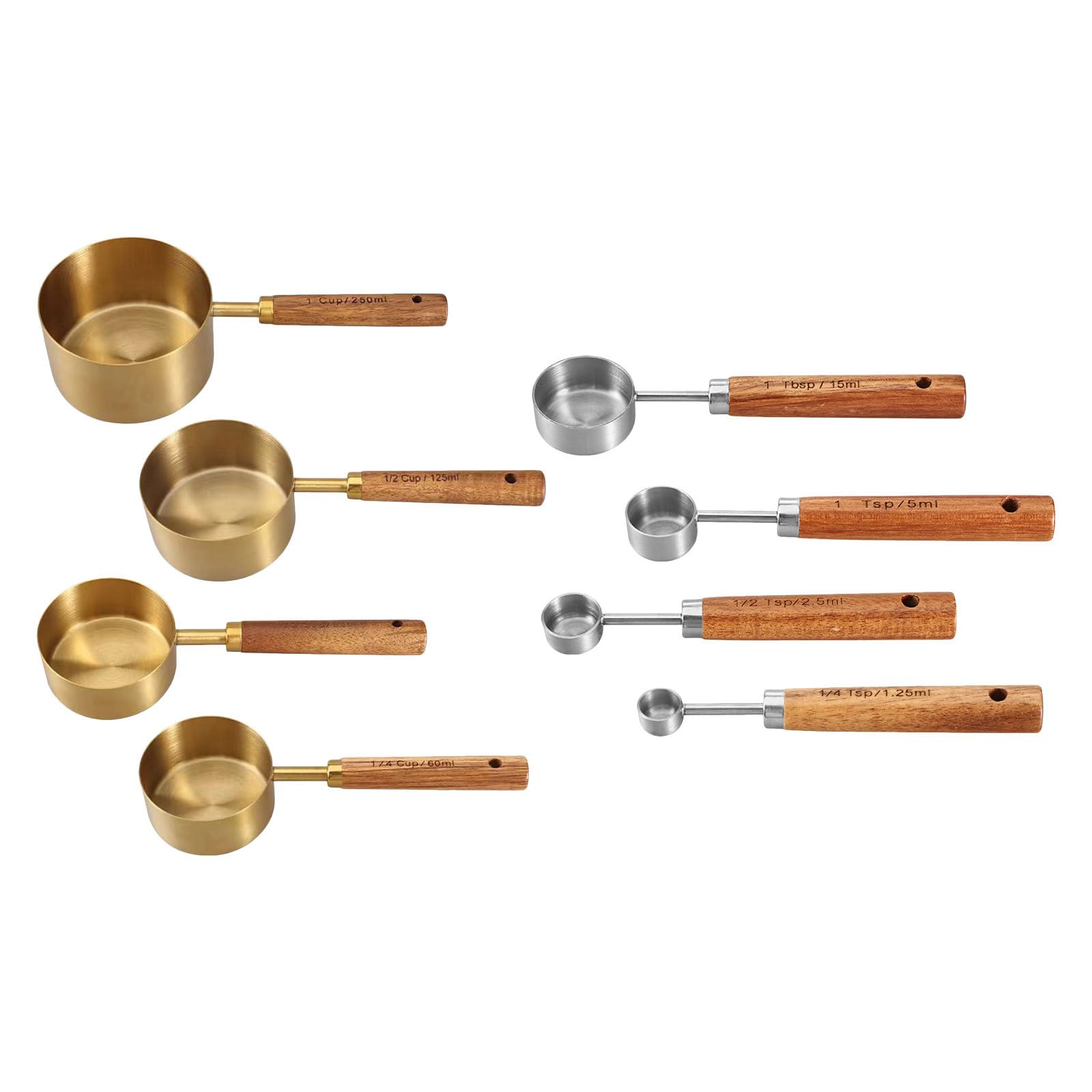 Juego de 8 Cucharas Medidoras y Tazas de Acero Inoxidable con Mango de Madera para Cocina y Repostería, Medición Precisa y Durabilidad Excepcional