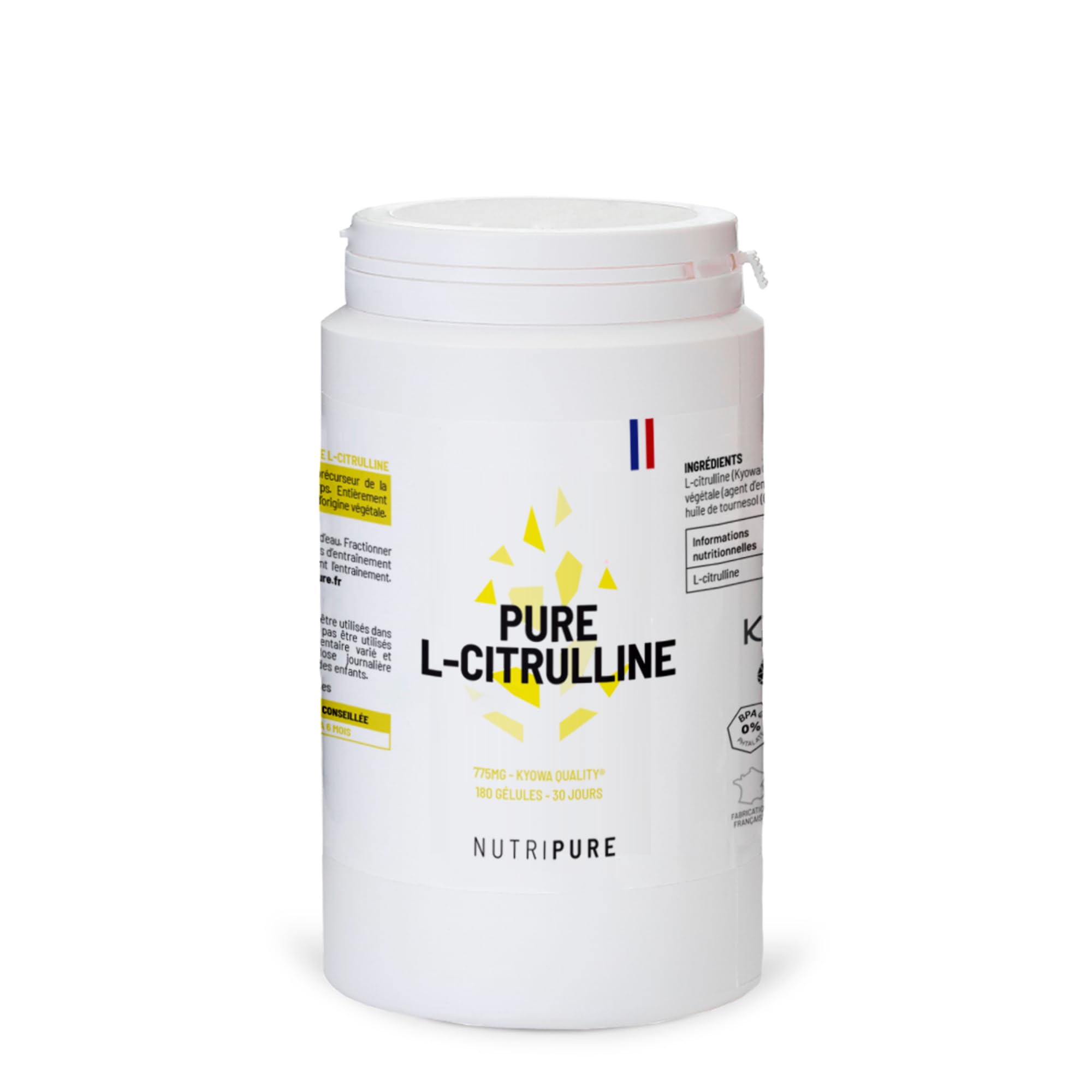 Nutripure | L-Citrulline BioKyowa® Végétale | Idéale pour la Congestion Musculaire pour l'Entraînement | Précurseur de l' Arginine | Sans Malate de Citrulline | 180 gélules(1 mois) | Made in France