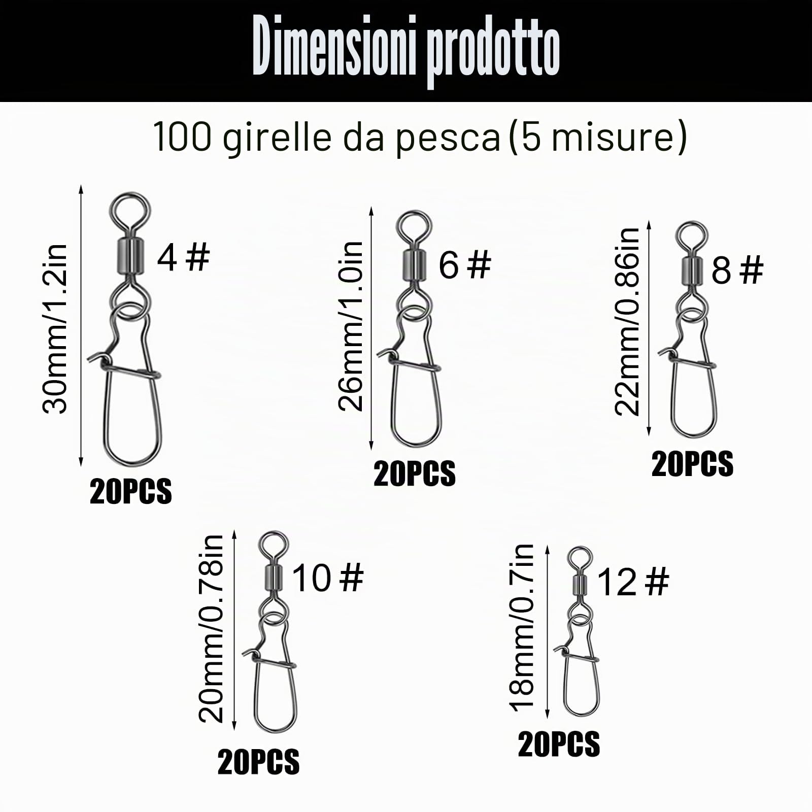 100 Pezzi Girelle da Pesca, Mulinelli da Pesca con Moschettone | Moschettoni Pesca in Acciaio Inox, Anelli Solidi con Moschettone, per Esche da Pesce, Pescas alla Trota (4# 6# 8# 10# 12#)