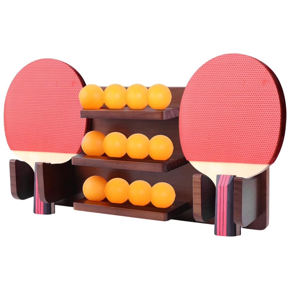 FINGERINSPIRE Soporte para raqueta de ping pong montado en la pared de 403 x 202 x 85 mm, madera de pino resistente, con kit de montaje, color marrón coco, ahorro de espacio
