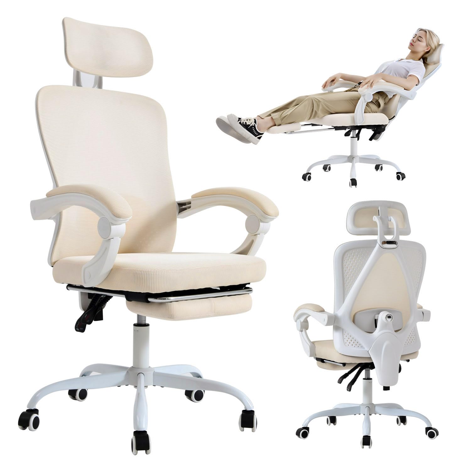 Ergonomic Office Chair, Adjustable Lumbar Support, 400LBS Capacity, White Computer Chair with Retractable Footrest, Breathable Mesh Back Gaming Chair Adjustable Headrest