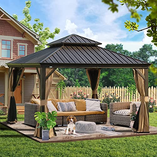 PHI-VILLA-10-X-12-Outdoor-Hardtop-Gazebo-on-Clearance-Double-Roof-Gazebo-with-Curtains-and-Netting-Permanent-Pavilion-Gazebo-with-Aluminum-Frame-for-Patios-Gardens-LawnsBrown PHI VILLA 10 X 12 Outdoor Hardtop Gazebo on Clearance Double Roof Gazebo with Curtains and Netting Permanent Pavilion Gazebo with Aluminum Frame for Patios Gardens LawnsBrown