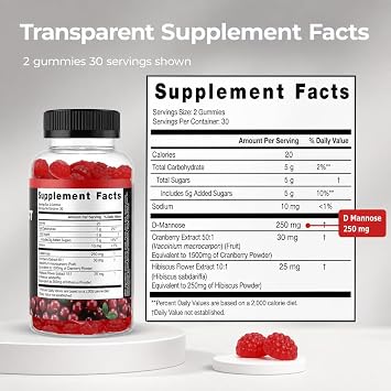 Cranberry Gummies with D-Mannose, Urinary Flush w Hibiscus Powder, 60 Count