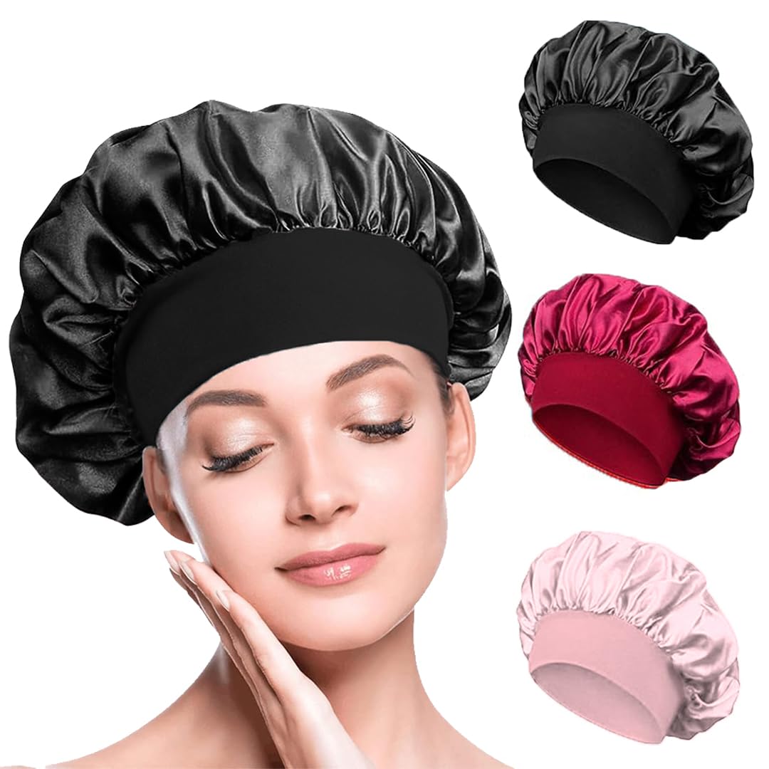 – Satin Bonnet, Double-Sided Silk Hair Wrap for Sleeping, Night Caps for Sleeping with Wide Elastic Band, Silk Bonnet is Suitable for Long and Curly Hair
