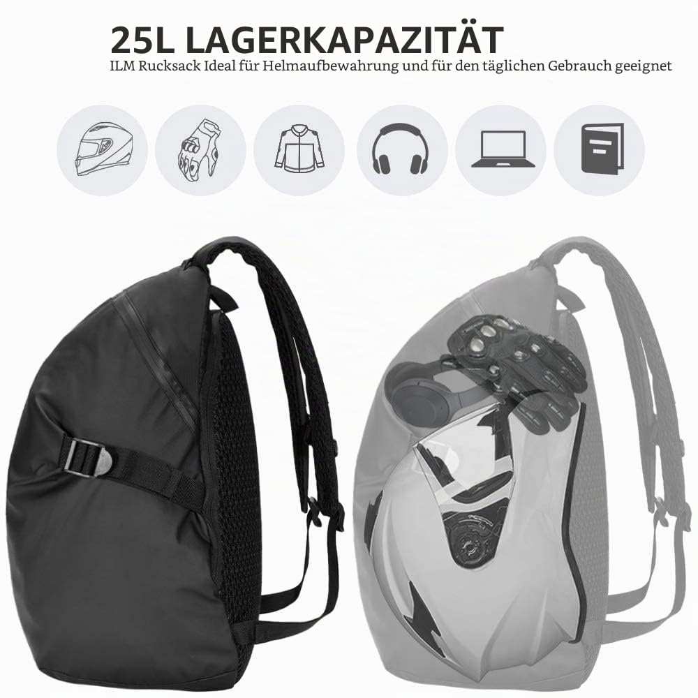 ILM Motorradrucksäcke Wasserdicht Leichtgewicht Helmrucksack für Herren Damen Motorradzubehör Multifunktion Reflektierendem Streifen mit Großer Kapazität, Schwarz, Modell MB01