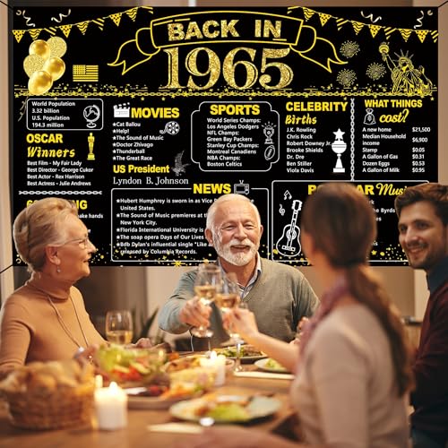 Image of DARUNAXY 61st Birthday Black Gold Party Decoration, Back in 1965 Banner 61 Year Old Birthday Party Poster Supplies Vintage 1965 Backdrop Photography Background for Men & Women 61st Class Reunion Decor