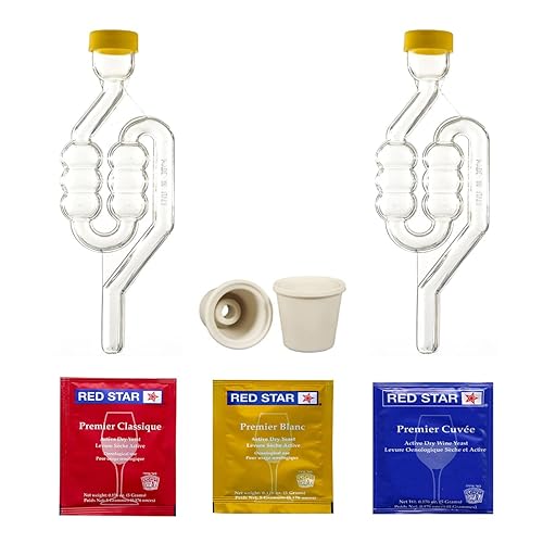 North Mountain Supply Esclusa de aire de 6 burbujas con bollos Carboy, paquete de 2, y nuestro paquete de muestras de levadura de vino Red Star