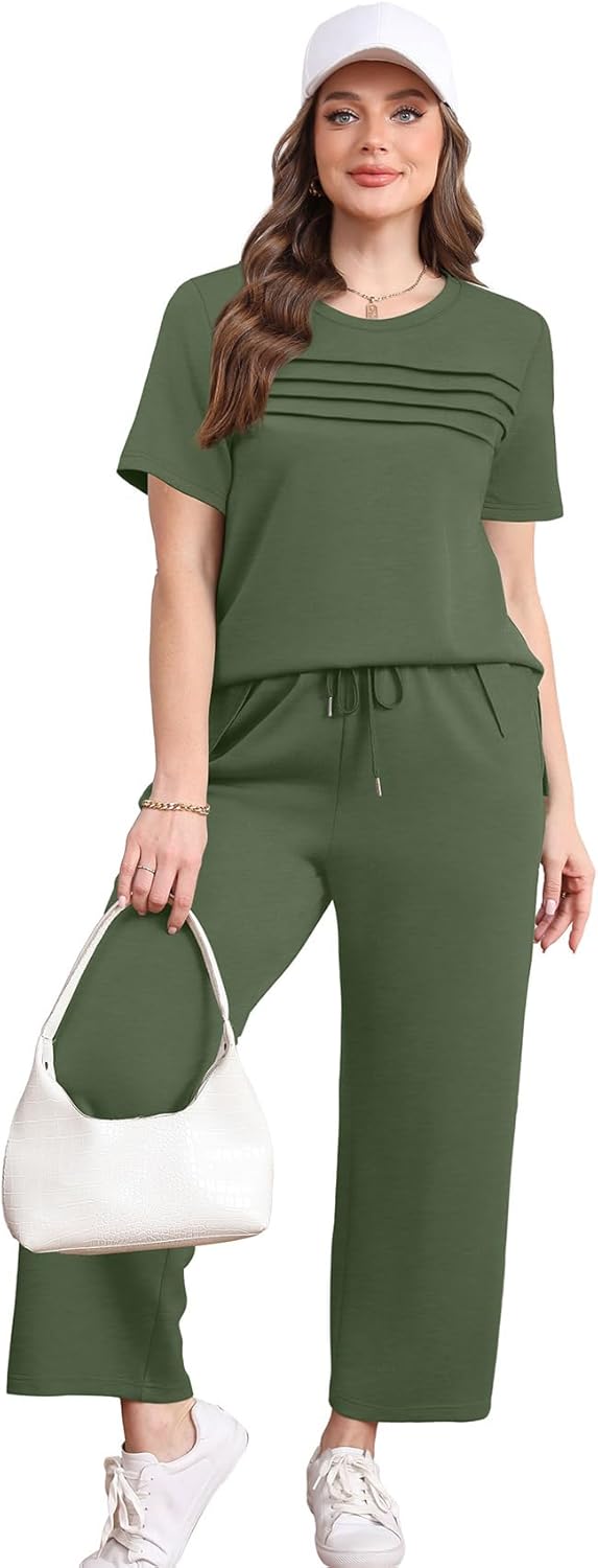 WIHOLL Two Piece Sets for Women Summer Spring Travel Vacation Outfits Short Sleeve Lounge Sets Side Slit Wide Leg Pants S-3XL - Image 3