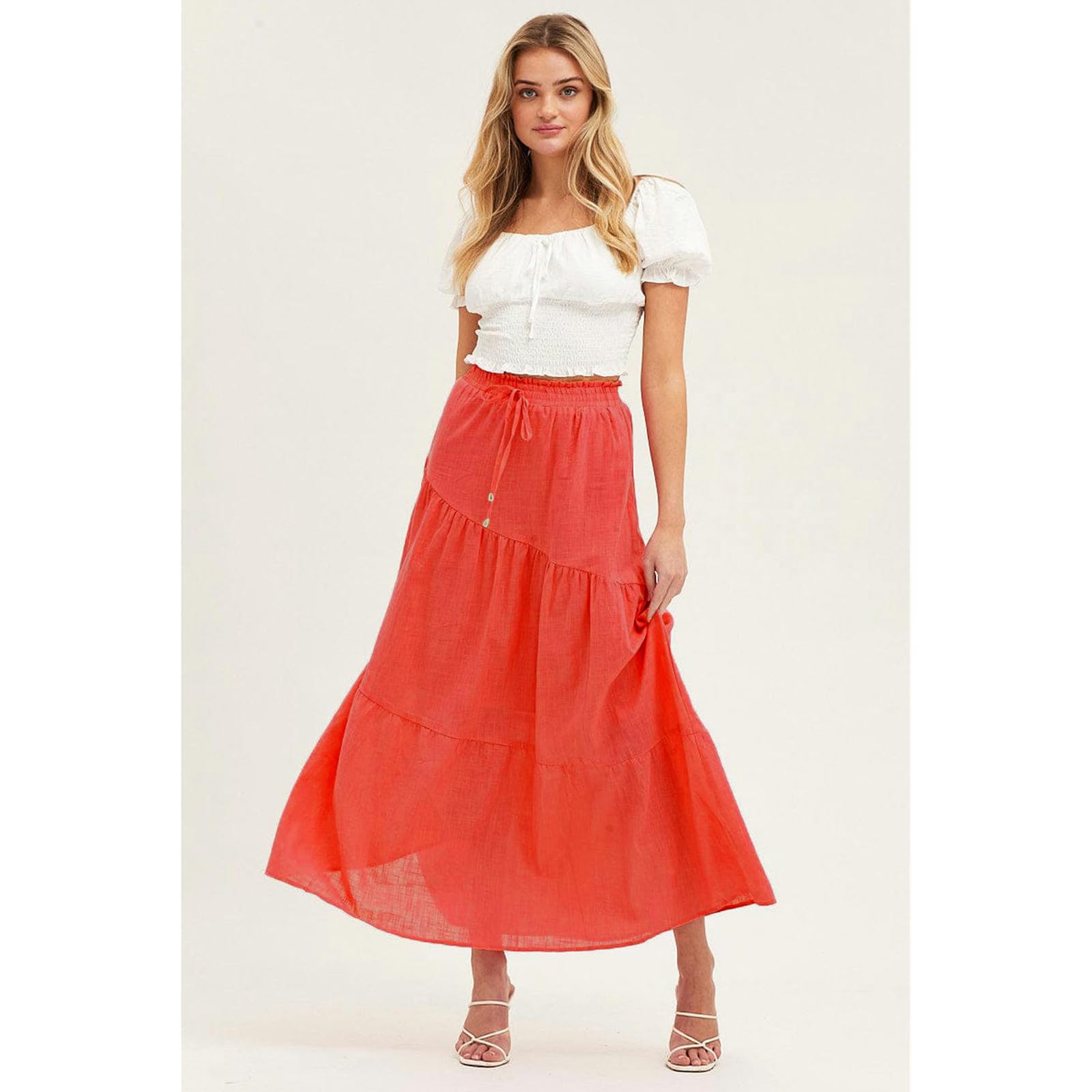 Röcke Damen-Baumwoll- Und Leinenrock Für Frauen-hochtülen Elastische A-Linie-swingrock, Elegantes Und Modisches Design Für Frühling Und Sommer-orange-l