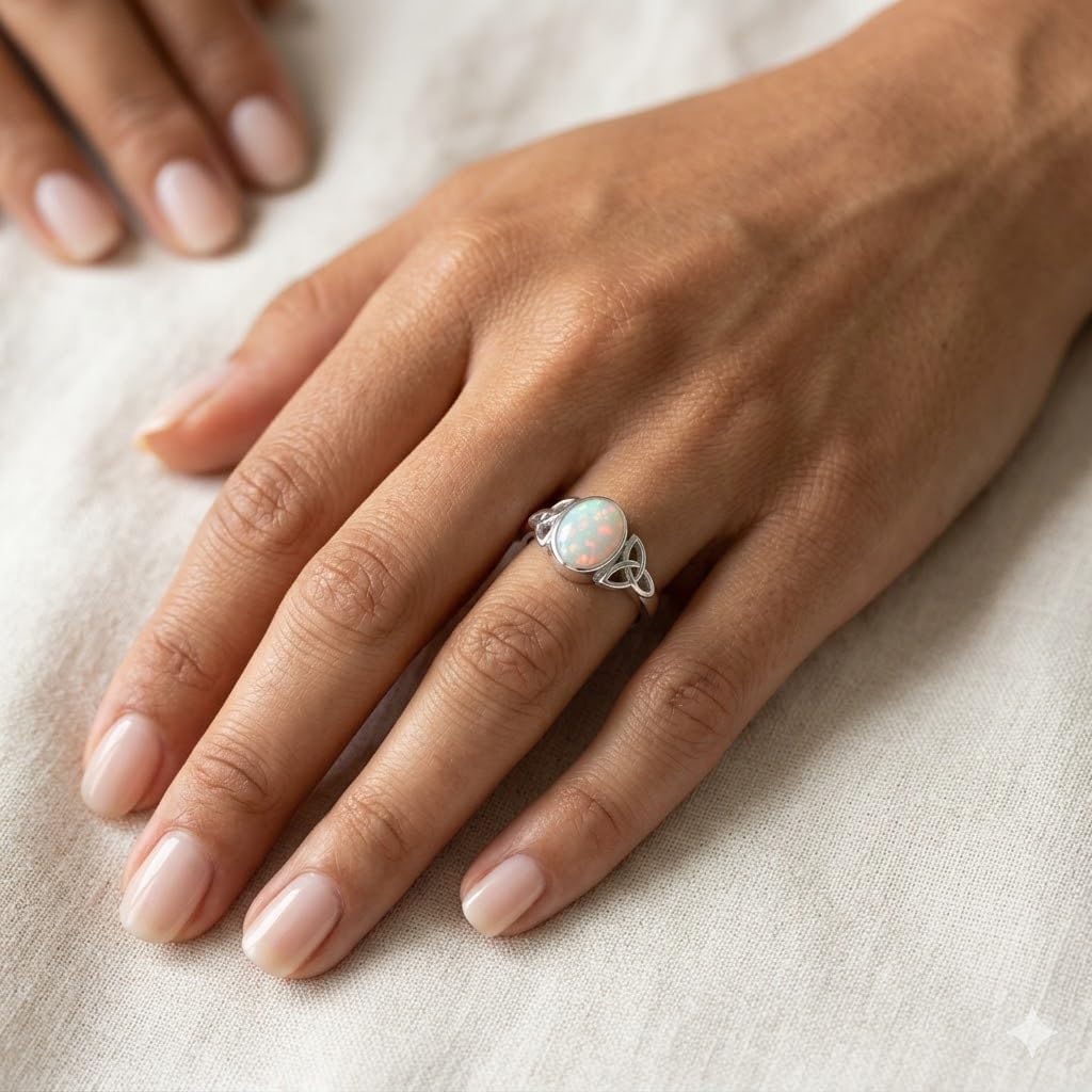 Handmade Sterling Silver Opal Gemstone Ring for Women (US 5-12 Size), Oval Shape Trinity Knot Ring for Women