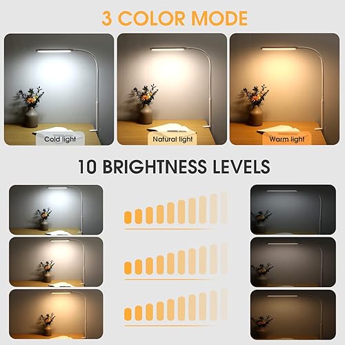 Miniatura 2 de Lámpara de escritorio LED con abrazadera, luces de clip para oficina en casa, 3 modos, 10 brillo, cuello de cisne flexible largo, metal, brazo