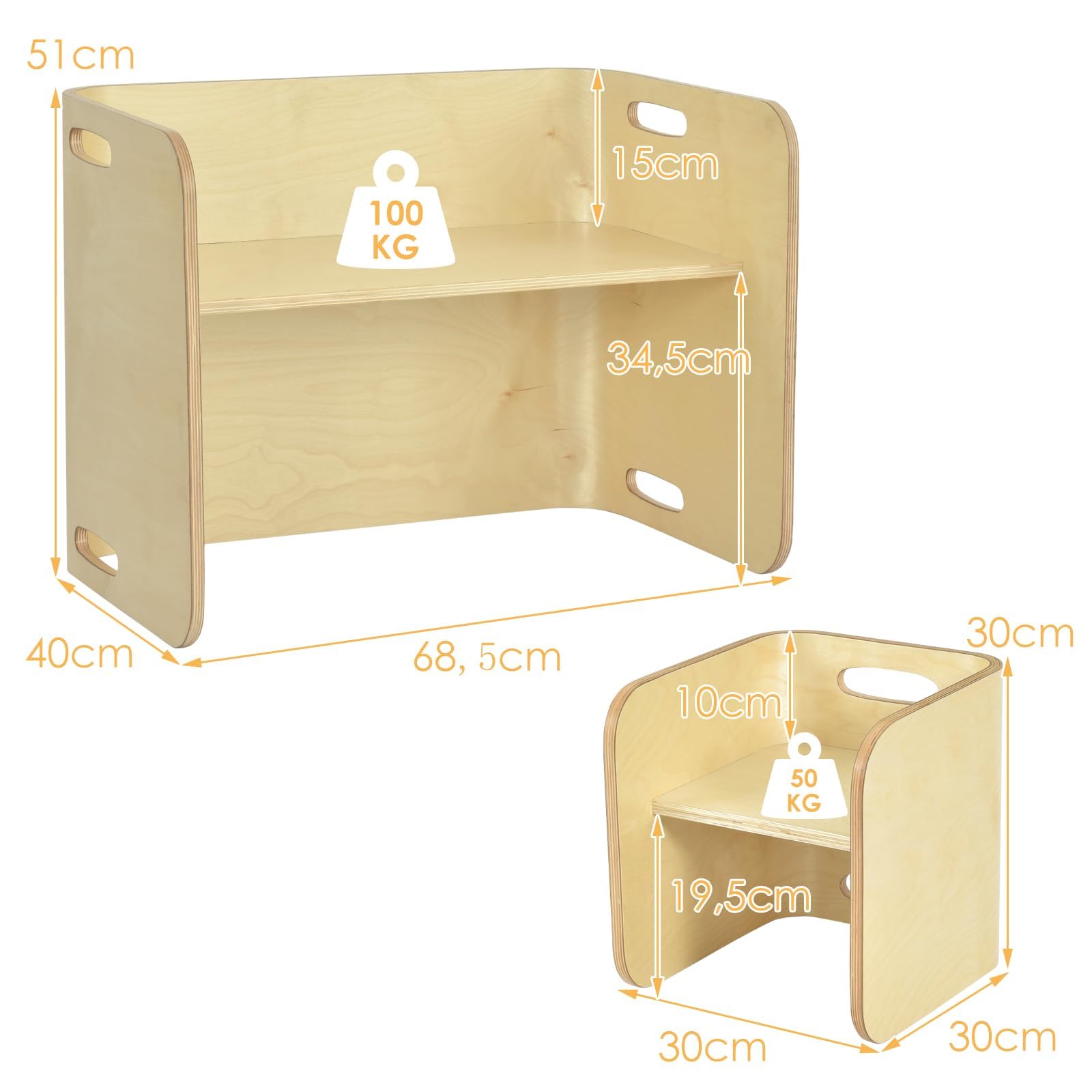 LIFEZEAL Juego de Mesa y Sillas Infantil de Madera en Forma de U (Natural)