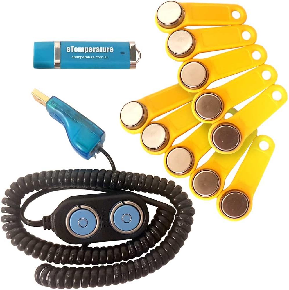 10-Pack Thermochron DS1921G Temperature Loggers with Fobs (Holders), iButton Reader with USB Connection, and eTemperature Software on USB