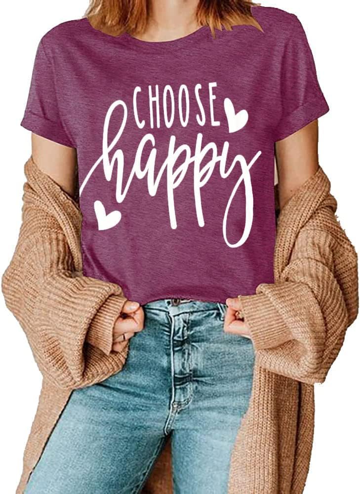 Funny Cute Graphic Tees for Women Choose Happy Letter Print T Shirts Love Heart Inspirational Shirt Casual Short Sleeve Tops - Image 2
