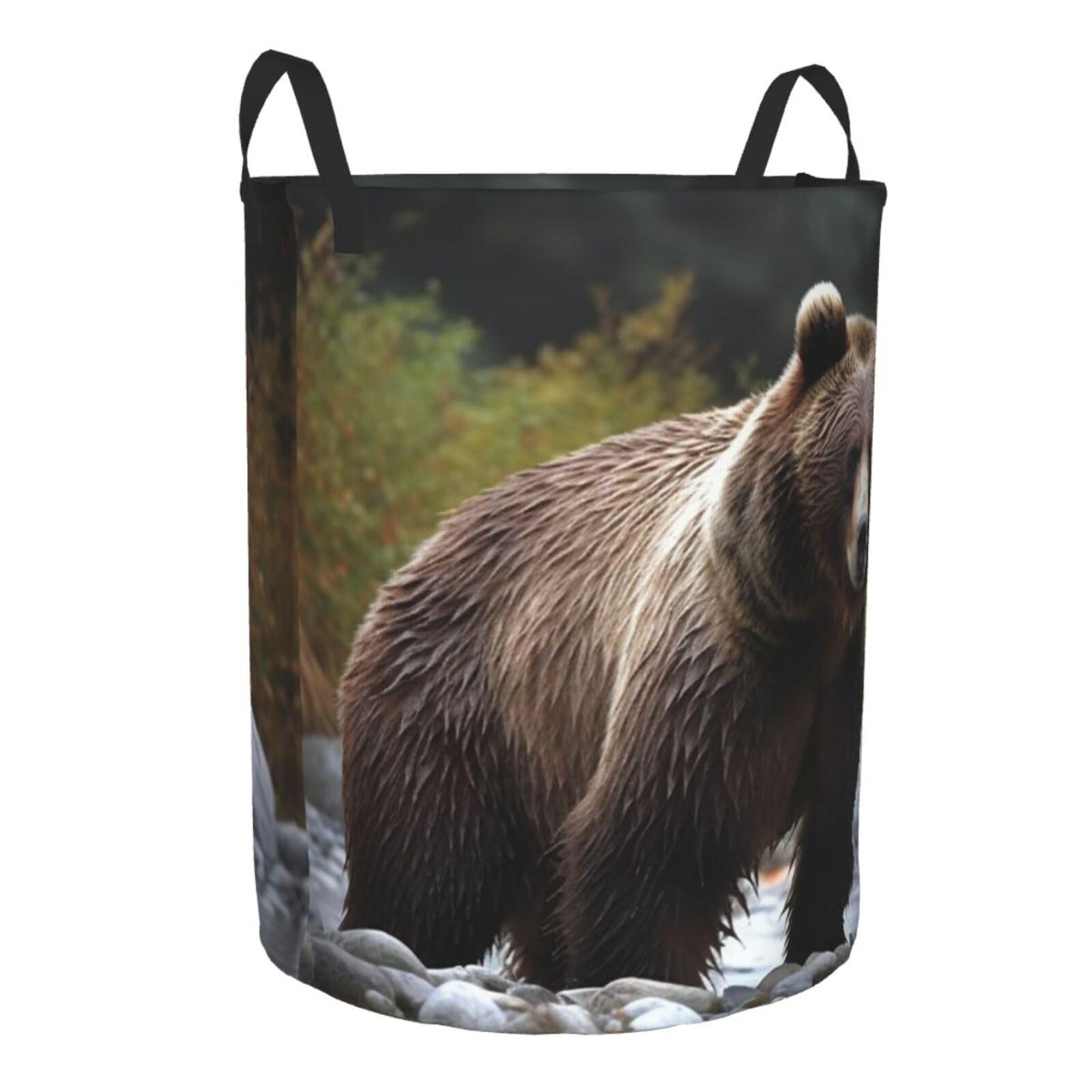 Brown bear print Circular Hamper Waterproof Storage Bin Organizer Basket Laundry Hamper With Handles For Clothes Toys Small