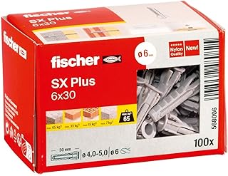 fischer 568006 - Taco de expansión SX Plus 6 x 30, caja con 100 anclajes de nylon, anclajes para una sujeción óptima al fijar en hormigón, ladrillo macizo, ladrillo (Caja 100 unidades)