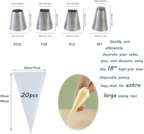 Miniatura 4 de Puntas de tubería extra grandes con bolsas para glaseado, merengue, churros, macarrones, eclairs, masa de galletas de pastelería, 24 unidades