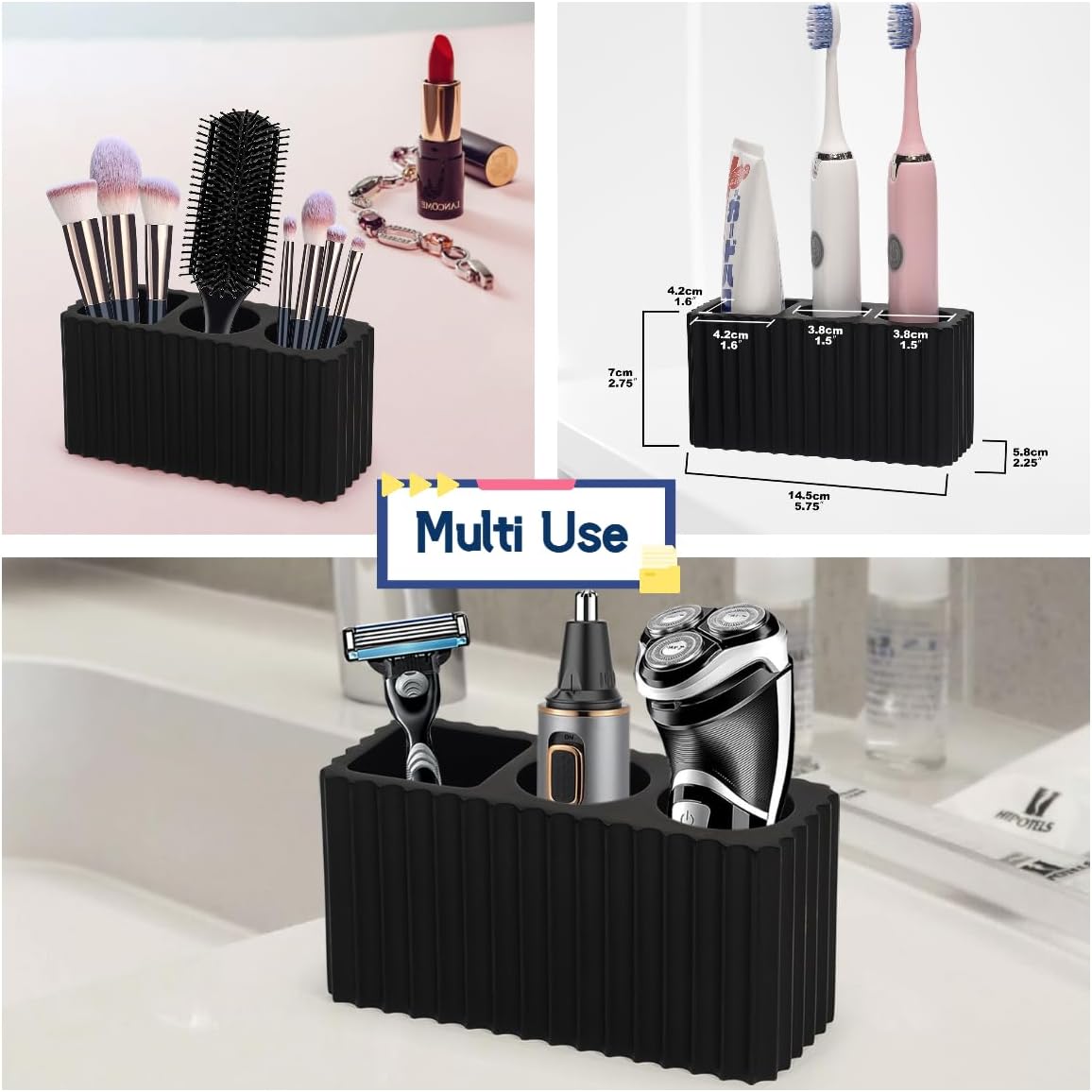 2PCS Bathroom Accessories Set with Large-Opening Ribbed Soap Dispenser and 3 Compartment Toothbrush&Toothpaste Holder,Resin Farmhouse Bathroom Decor Set Countertop Organizer-Matte Black