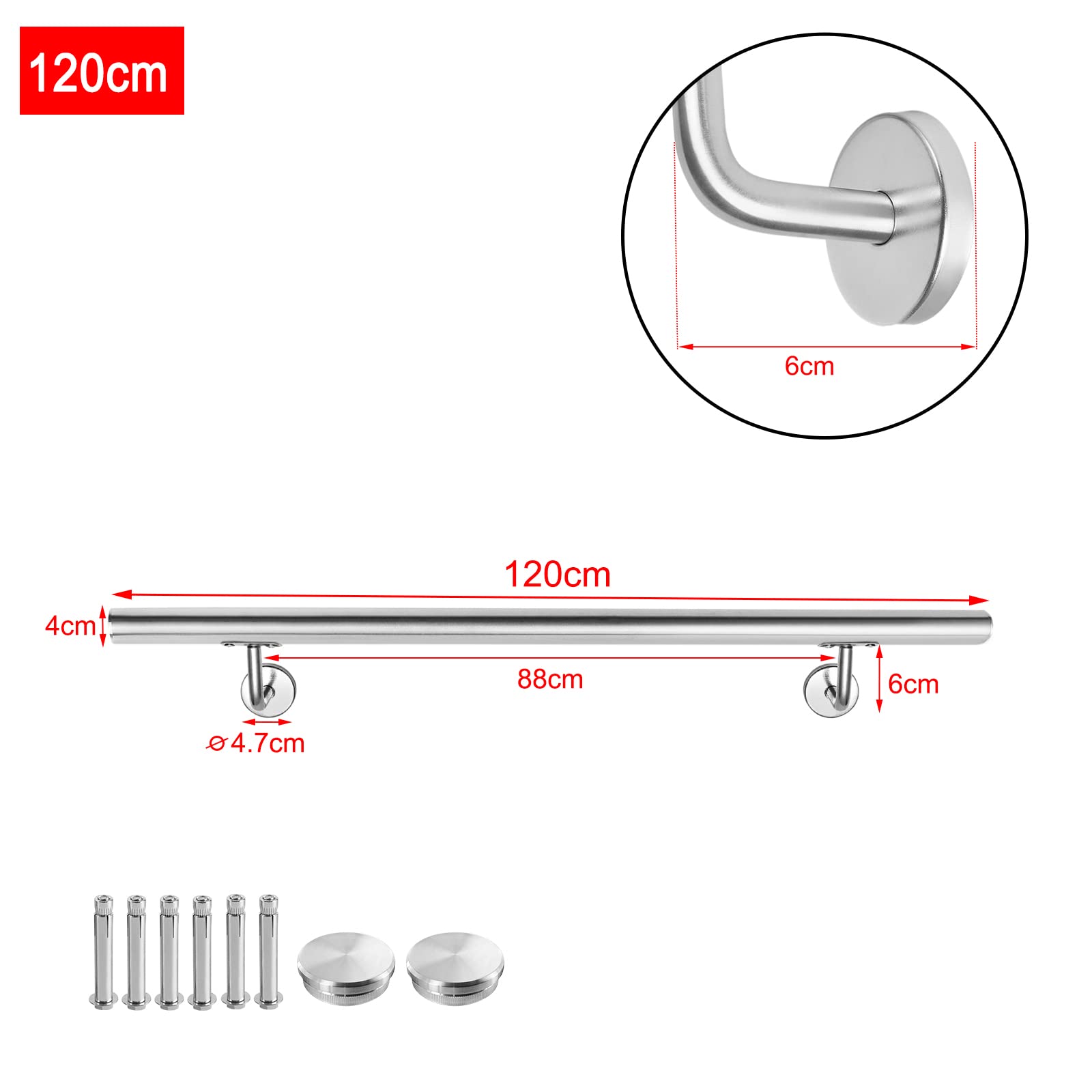 LARS360 Corrimano in acciaio inox, 120 cm, esterno interno da parete, parapetto, ringhiera per scale, Ø 40 mm, con supporto a parete e tappi terminali (120 cm, argento)