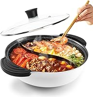 Vista 9 de Olla caliente con divisor para cocina de inducción, olla de doble cara para cocinar sopas de dos sabores, olla china Shabu Shabu para fiesta en Rojo