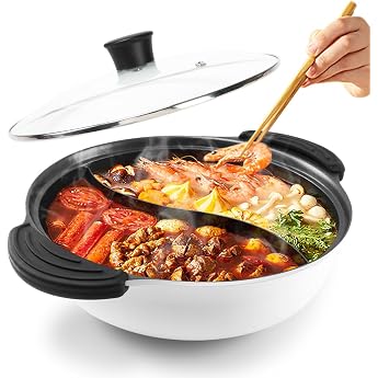 Hot Pot with Divider for Induction Cooker Two Sides Soup Cookware Two Sides Chinese Shabu Pot for Home Party Family Gathering 4.5L White