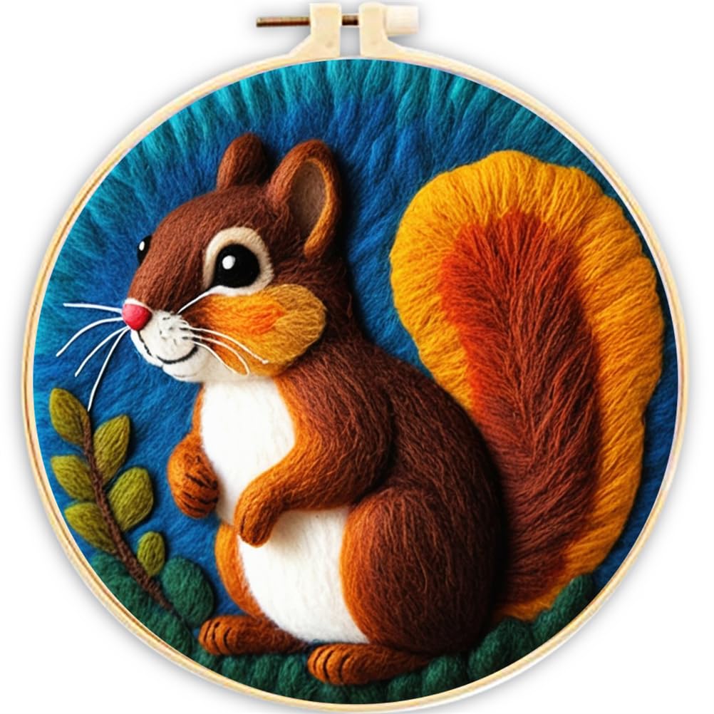 Meecaa DIY Needle Felting Kit for Beginners,Squirrel Animal Including Wool Felt Supplies, Embroidery Hoops,Beautiful Wool Painting and Needle Felting Tools (Squirrel)