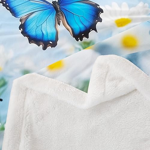 Miniatura 4 de Butterfly Flannel Blankets,White Daisy Flowers Rustic Garden Fleece Blanket for Room Decor,Romantic Blue Sky Spring Blooming Floral Throw Blanket