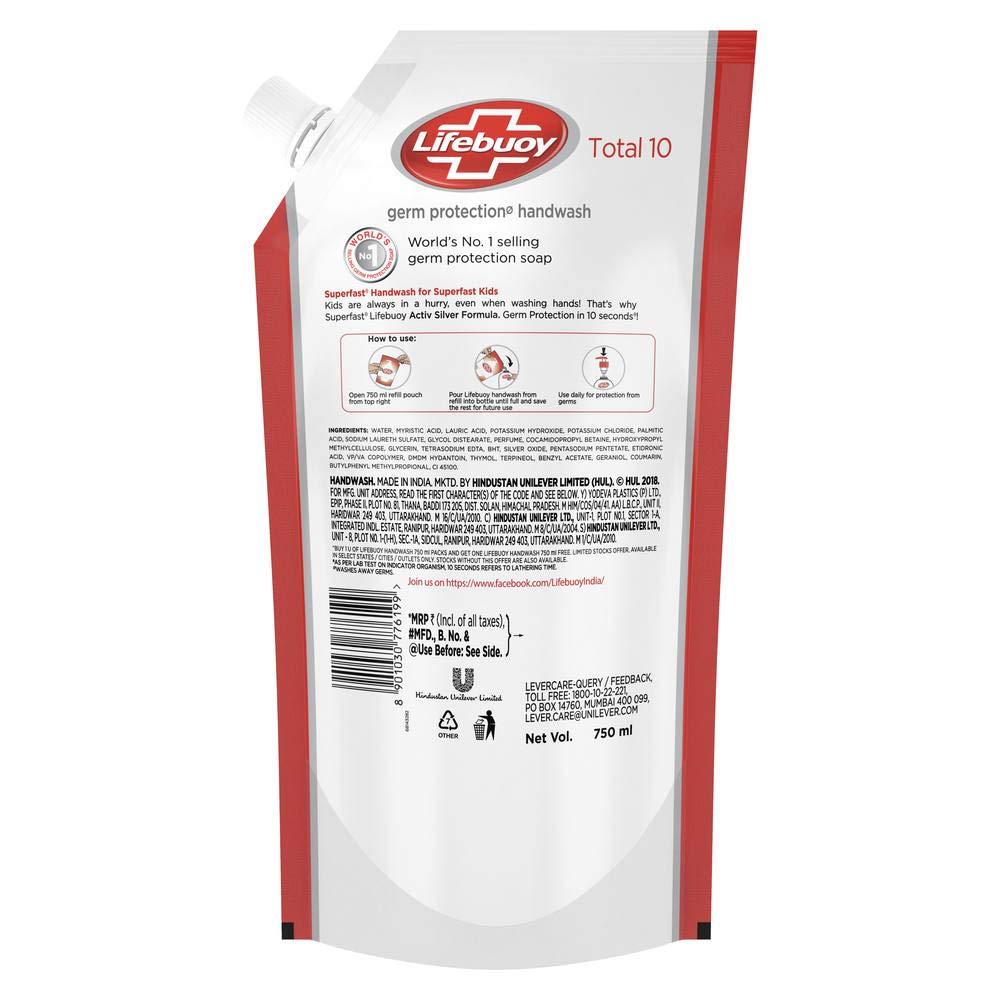 Lifebuoy Handwash Liquid Total 10 750 Ml Refill Pouch, - Image 2 thumbnail