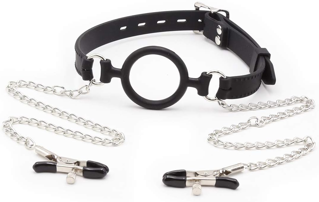 Silicone Ball Gag O Ring Open Mouth Gag Adjustable Strap Bondage Harness Restraints (Black w/Nipple Clamps) | Restraints Ball Mouth Plug Silicone Material Adult BDSM Bondage and Gag Muzzles Sex Play Toys