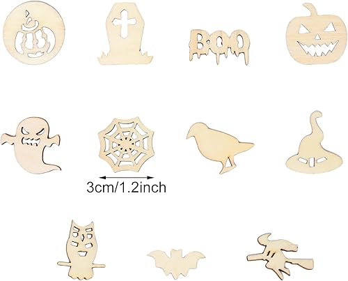 Miniatura 2 de yueton 100 piezas de mini calabazas, fantasmas, telarañas, sombreros de bruja, murciélagos, Halloween, piezas de madera en blanco sin terminar,