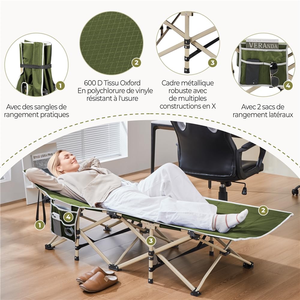 Yaheetech Lit de Camping Pliant avec Sac de Transport 150 kg Lit de Camp Extérieur Portable pour Voyage/Randonnée 186×66×52 cm Vert Militaire
