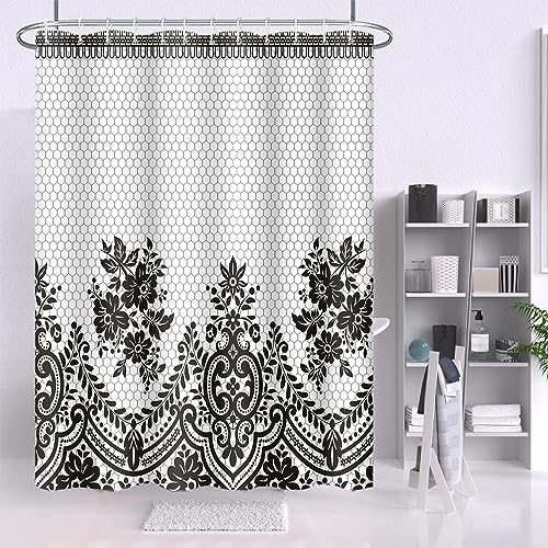 Umpoo Rideau de douche noir Damask Baroque luxe élégant 72x84 po