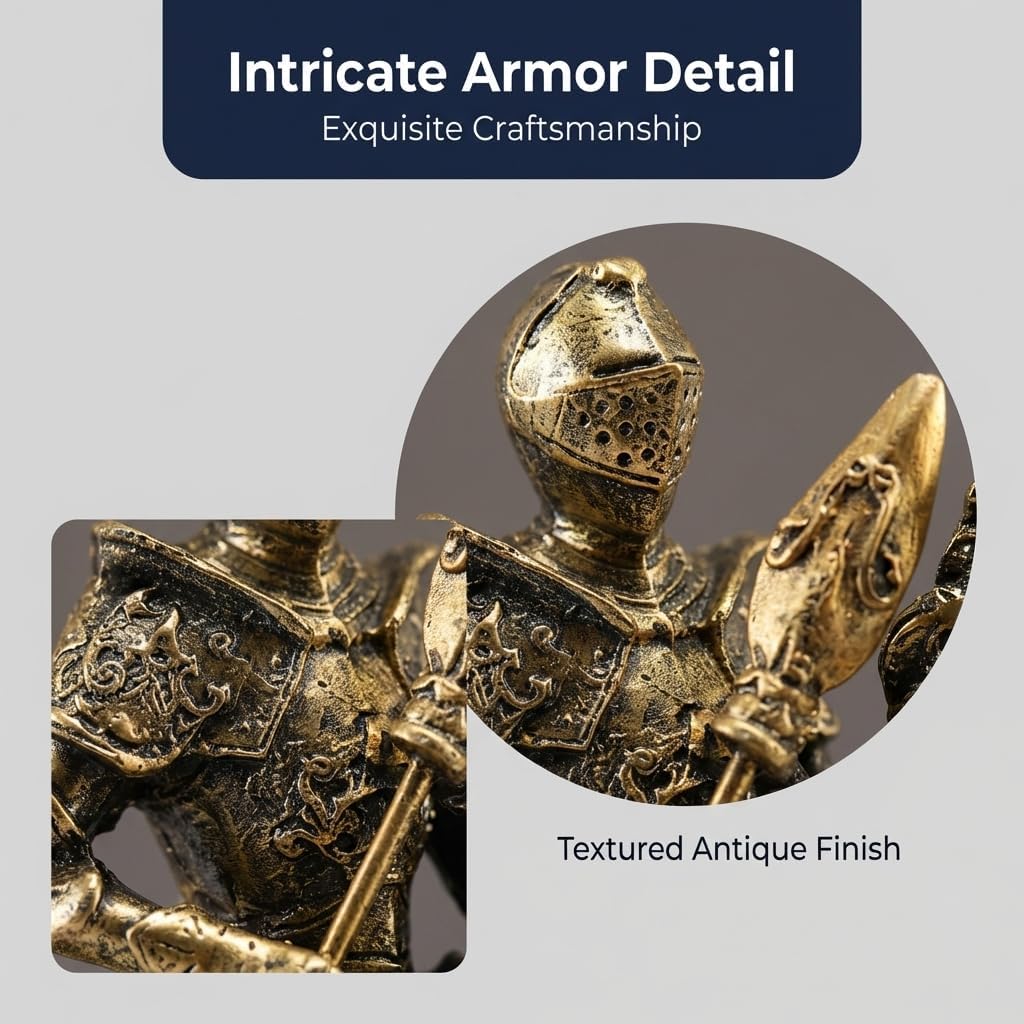 Knight Statue -11.4" Gold Knight Figurine, Medieval Templar with Spear on Charging Horse, Mens Home, Office, Living Room Decor Sculpture