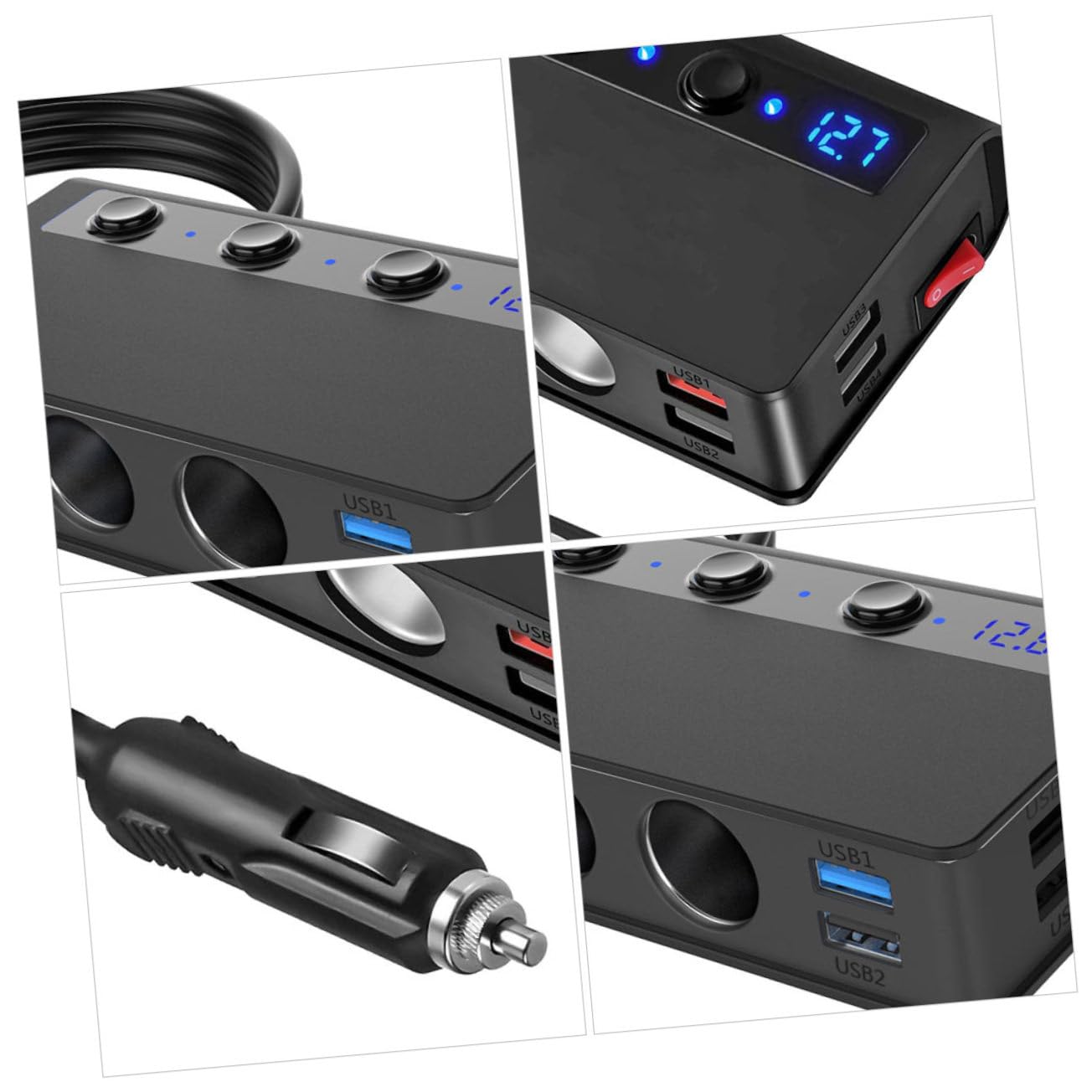 DOITOOL Cargador de Coche 180w 4 Puertos USB y 3 Tomas de Corriente Continua, Adaptador para Encendedor, Interruptor Independiente y Voltímetro para Coche