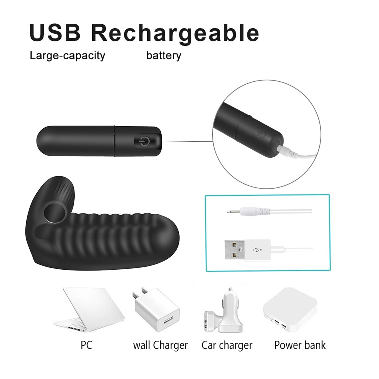 Dispositivo vibratorio con manga for dedos for mujer, ajustes múltiples, enjuagues de silicona suave limpios(Battery Charge)